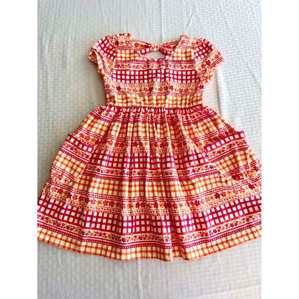 Flapdoodles Girls Orange Pink Gingham Floral Bow Back Pocket Dress Size 8